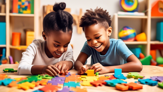 A group of diverse children interacting with colorful, interactive puzzles and games that foster cognitive development, surrounded by a playful and stimulating environment.
