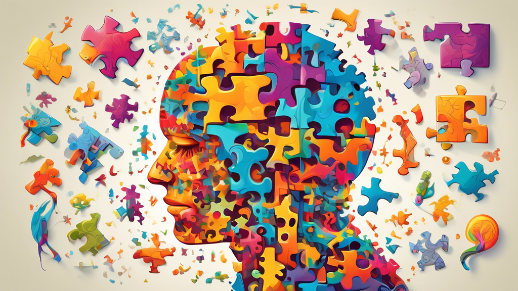 Create an image of a person engaged in solving a complex and interactive brain puzzle game, with intricate patterns and colorful pieces coming together to form a stimulating and challenging mental exercise. The person should appear focused and determ