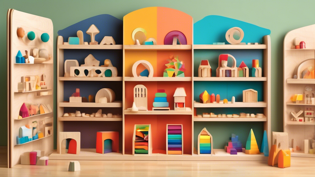 Create an image of a virtual storefront with five unique sections, each representing one of the top online stores for Montessori sensorial toys. Each section should feature a variety of colorful and engaging sensory toys, such as wooden geometric sha
