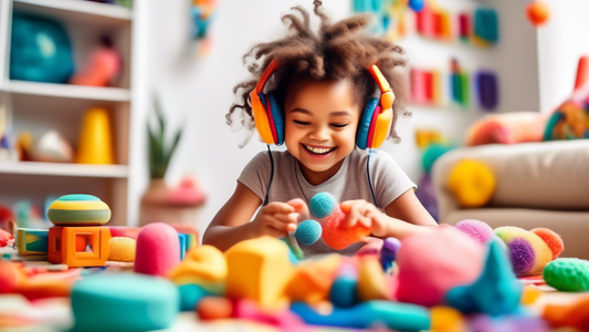 A child in a bright and cheerful room, surrounded by colorful and textured objects, engaging with sensory activities that stimulate their senses. They may be playing with a playdough, feeling the diff