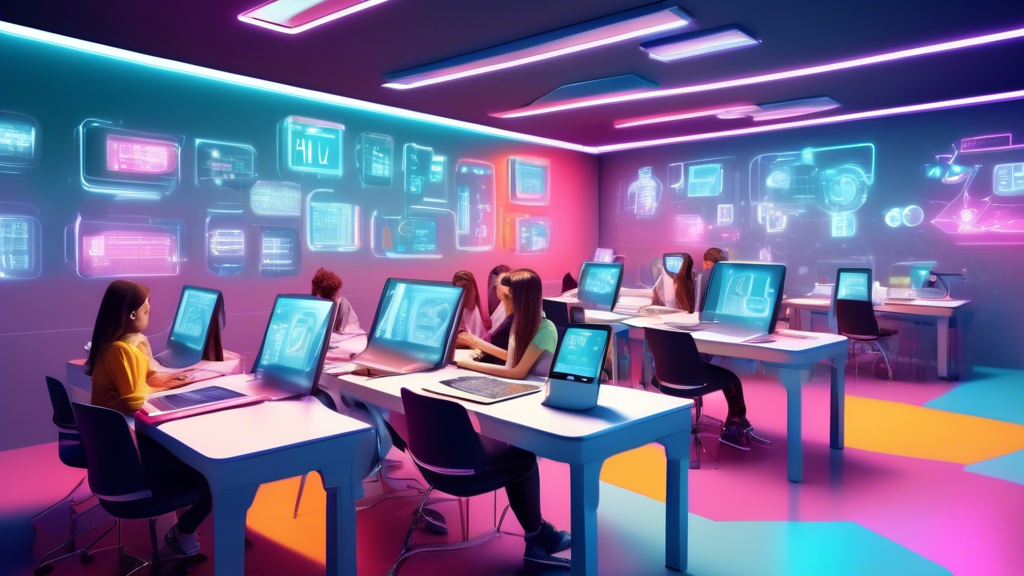 A futuristic classroom where students are using advanced technology to enhance their literacy skills, with sleek devices and interactive displays that foster collaboration and personalized learning.