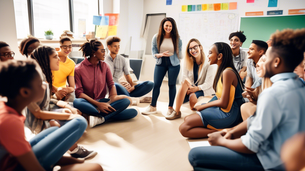 A group of diverse students sitting in a circle, engaged in a lively discussion in a bright and modern classroom. The teacher, standing in the foreground, is smiling and facilitating the discussion. T