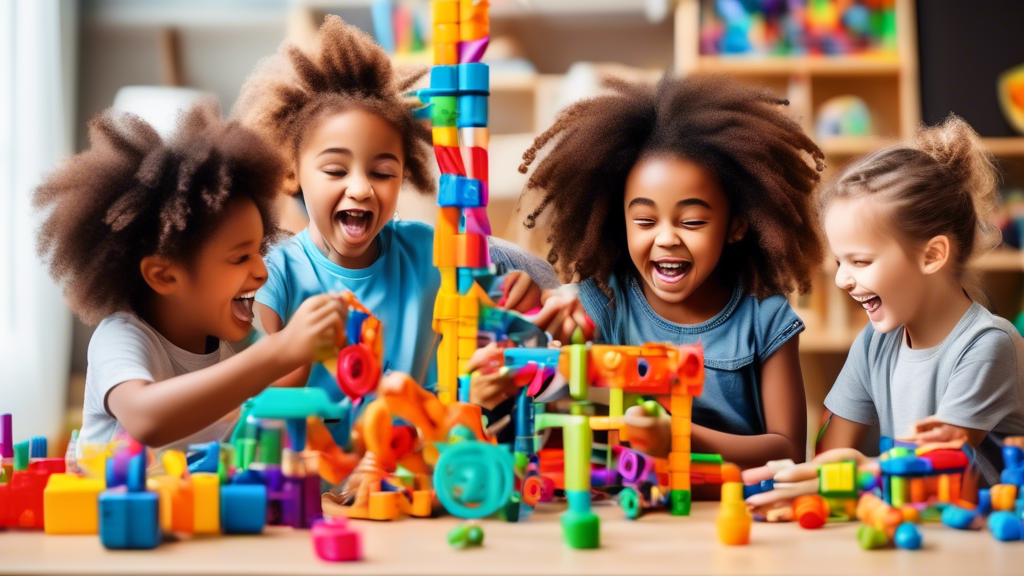 A photo of a group of diverse children of different ages working together to build a complex structure out of brightly colored STEM toys, with a look of excitement and wonder on their faces. The compo