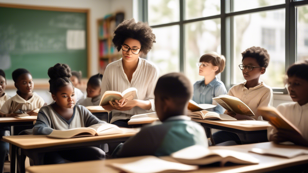 A diverse group of students sitting in a classroom, attentively reading books and articles. The classroom is bright and airy, with large windows that let in natural light. The teacher is standing in t