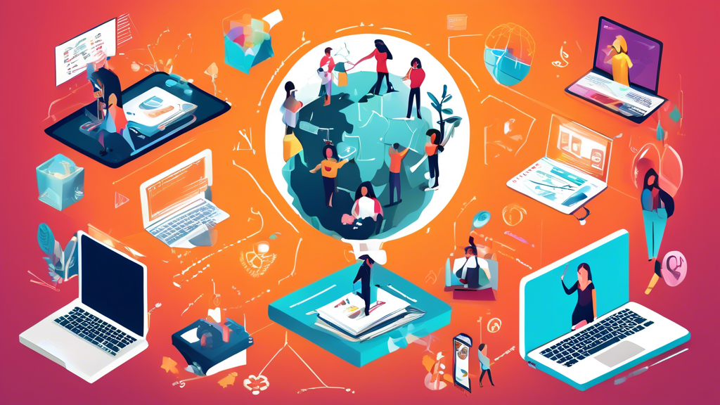 Create a visually stunning and engaging image that represents the top virtual learning tools available for students and educators. Depict a diverse group of individuals using these tools to enhance th