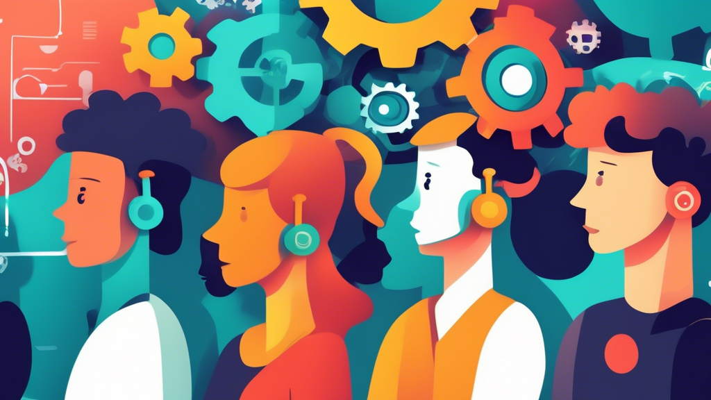 A group of diverse individuals engaged in collaborative brainstorming, with gears and thought bubbles representing the interconnectedness of their ideas and the growth of cognitive abilities.
