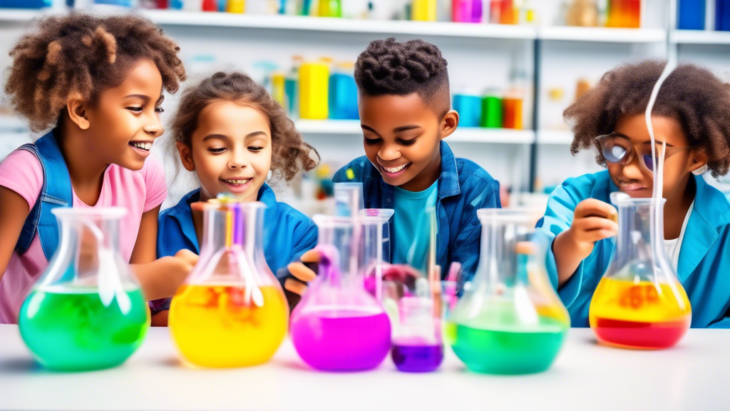 A vibrant and engaging scene of a group of diverse children eagerly participating in various multisensory science experiments in a bright and well-equipped laboratory, fostering their curiosity and lo