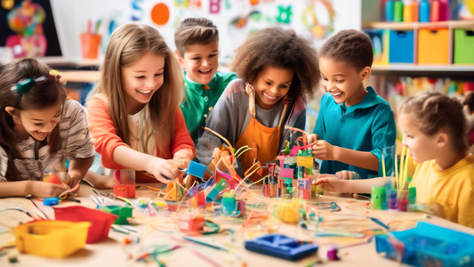 A classroom scene with children doing hands-on STEM activities. The children are smiling and engaged, and there are colorful and interesting STEM materials scattered around the room. There is a sense 