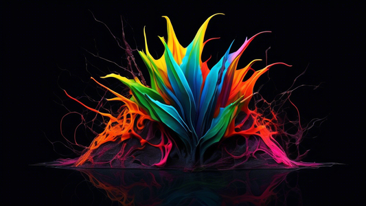 An abstract representation of a resilient plant growing out of a cracked surface, with vibrant colors swirling within and around its form, against a black background.
