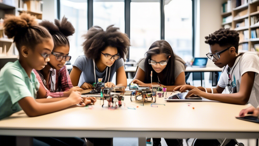 A group of diverse students collaborating on a STEM project, utilizing technological tools like laptops, tablets, and robots to solve mathematical problems creatively. The tools are shown as integral 