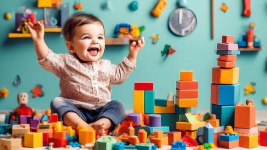 An image depicting a cheerful toddler with a vivid imagination playing with a variety of toys such as blocks, dress-up clothes, and a toy kitchen, surrounded by scattered books and building blocks.