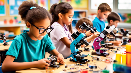 A colorful and engaging image of an elementary school classroom filled with students engaged in hands-on STEM activities. The students are using microscopes, building robots, and experimenting with di