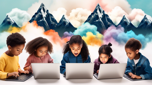 A group of young children, diverse in age and ethnicity, coding on laptops with steam rising from the screens, forming the shape of mountains and clouds in the background.
