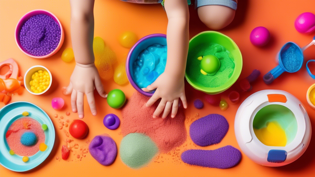 Create a colorful and playful image that captures the essence of sensory tools for kids' learning. Include a variety of sensory materials, such as play dough, slime, kinetic sand, and water beads. Sho
