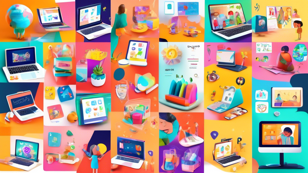 A collage of vibrant and engaging digital platforms for home education, featuring immersive learning experiences, interactive games, and personalized educational content, designed to make home learnin