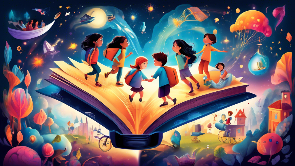 A magical book with vibrant illustrations and words flowing out of it, creating a whimsical scene of children being transported into different worlds and learning valuable lessons along the way. The i