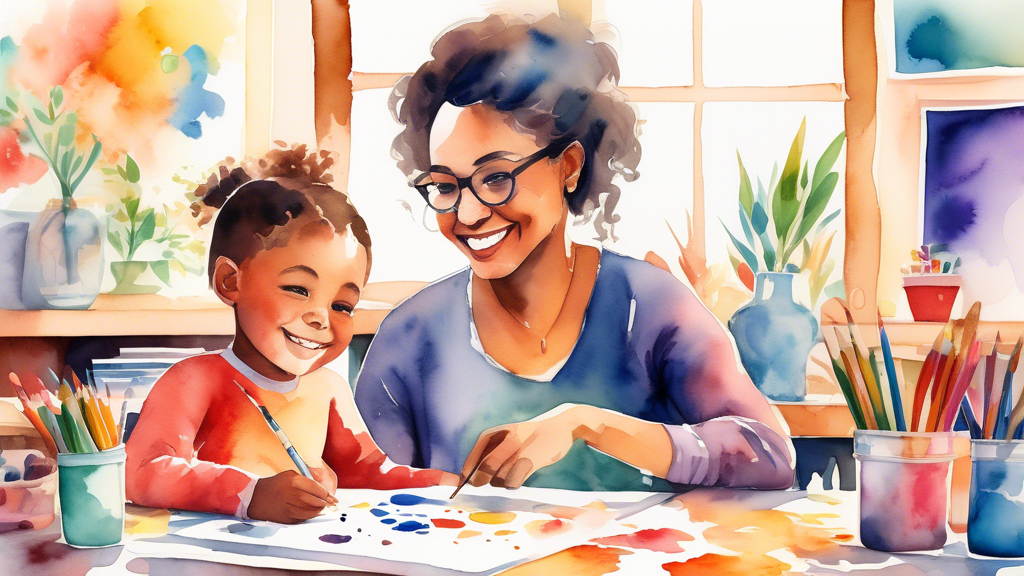 A watercolor painting of a child and their teacher sitting at a table, working together on a project. The child is smiling and engaged, and the teacher is providing guidance and support. The backgroun