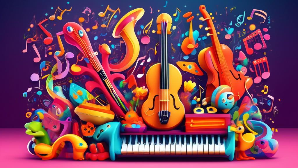 A vibrant and whimsical illustration of musical instruments and educational toys arranged in a symphony of learning, where the instruments transform into vibrant creatures playing melodies, and the to