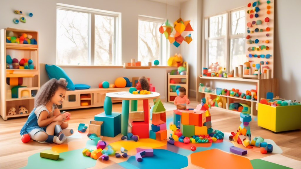 Create an image of a vibrant Montessori-inspired playroom with a variety of engaging math toys for toddlers, such as counting beads, number puzzles, pattern blocks, and geometric sorting shapes. Show a child happily playing and learning with these ed