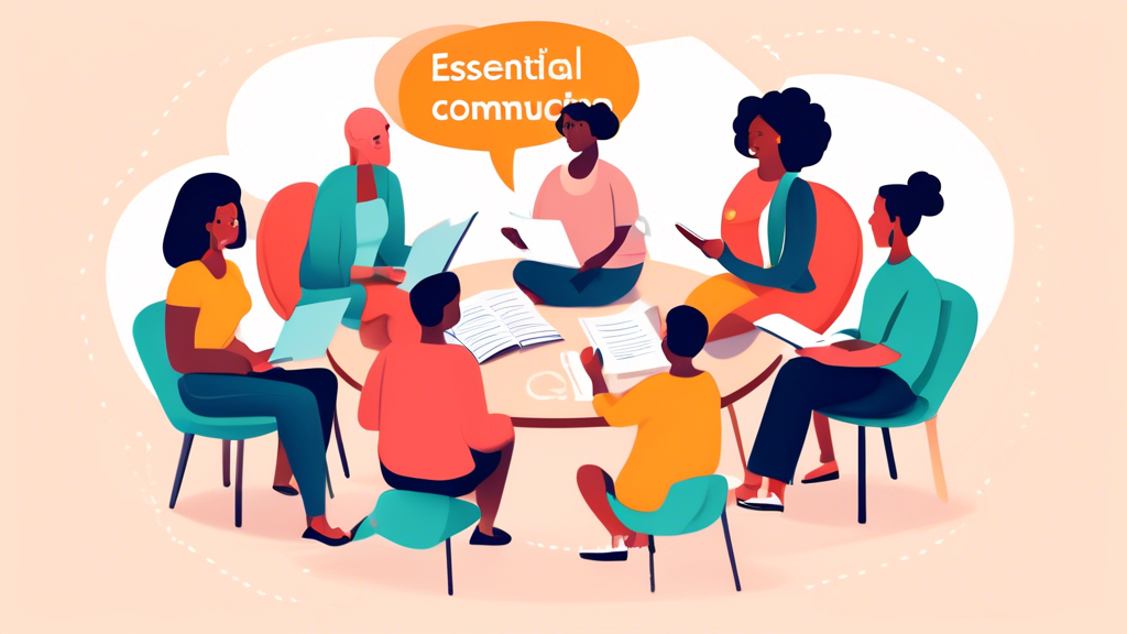 A group of diverse parents and teachers sitting in a circle engaging in a collaborative discussion with a large open book in the center and a speech bubble above the group filled with the words Essent