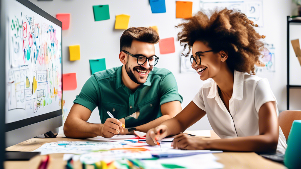 Two people sitting at a table with a whiteboard, brainstorming ideas and working together to solve a problem. The whiteboard is filled with colorful drawings, diagrams, and notes. The people are smili