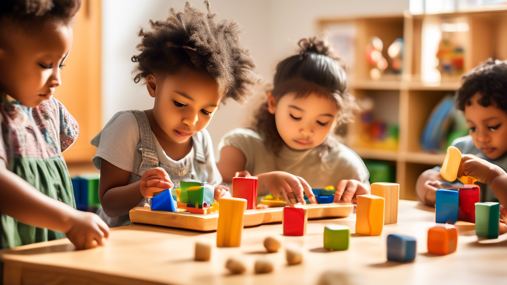 An artistic photograph of a group of diverse children engaging with a variety of Montessori toys in a bright and inviting classroom environment. The toys should include sensory materials, manipulative