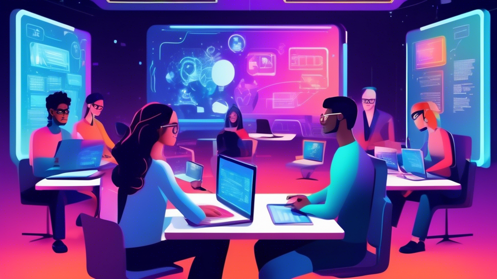 Virtual classroom with students sitting at computers and a virtual tutor providing remote instruction, futuristic and digital elements in the background