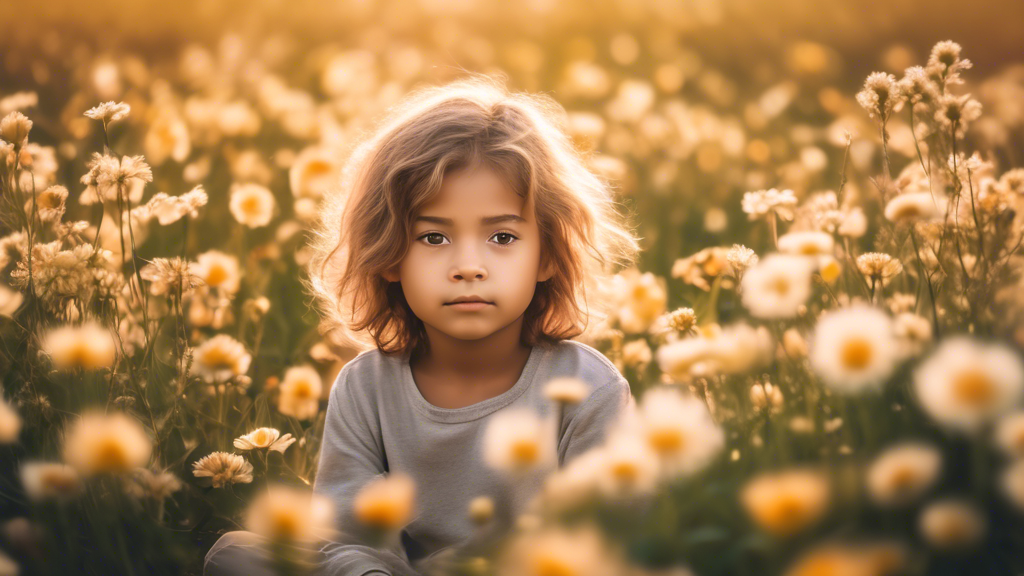 A child sitting peacefully in a field of flowers, surrounded by a calming aura of gentle breezes and warm sunlight. The child's face expresses a sense of tranquility and well-being, reflecting the ben