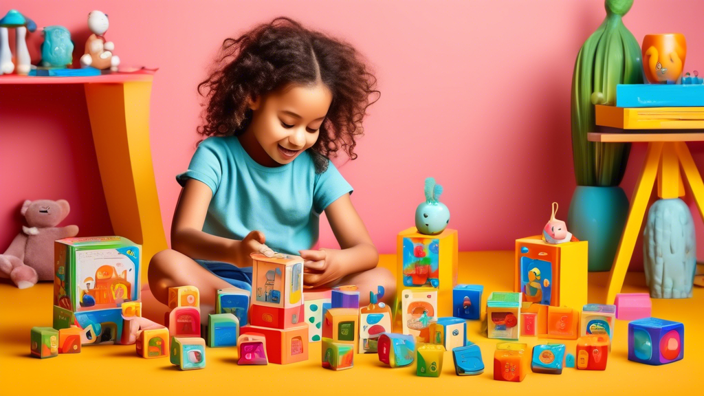 A vibrant and playful collection of educational toys designed for children to learn multiple languages through interactive play, featuring colorful flashcards, interactive cubes, musical instruments, 