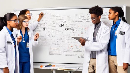 A group of diverse students gathered around a large white board, working together to solve a science problem. The board is covered in equations, diagrams, and notes. The students are all wearing lab c