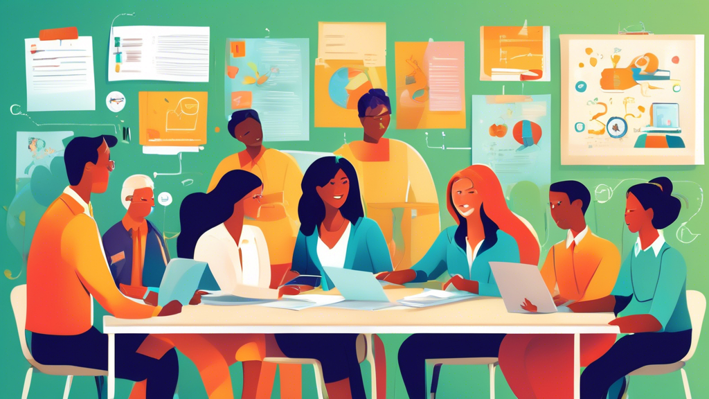 A vibrant and dynamic illustration depicting the positive outcomes of parent-teacher collaboration in education. Show the parents and teachers working together harmoniously, using technology and face-