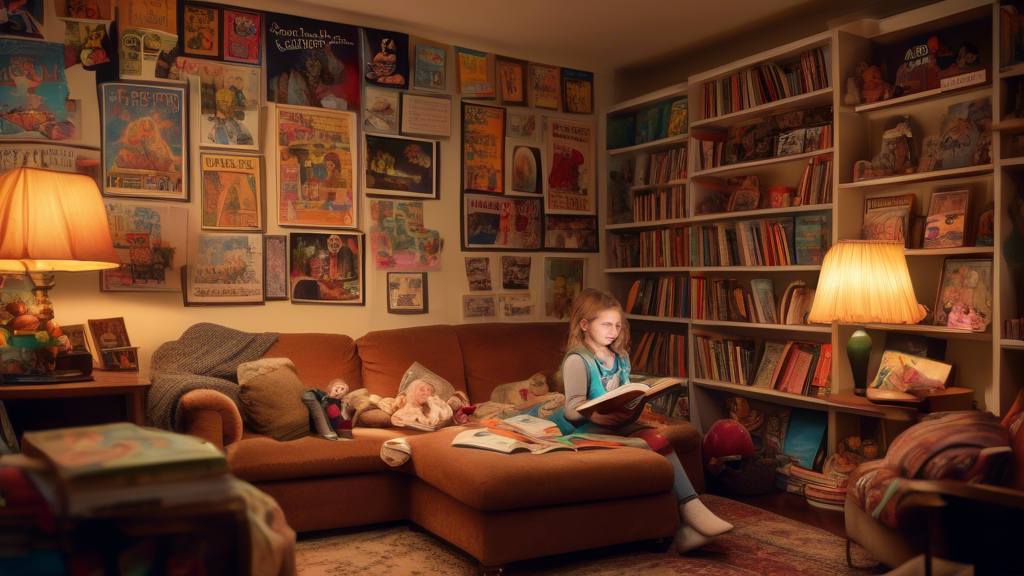 A cozy and inviting living room with a child sitting on the couch, engrossed in a book. The couch is surrounded by shelves filled with an extensive collection of books. The room is adorned with poster