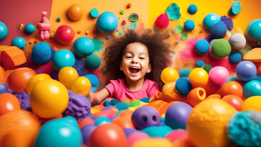 A colorful and imaginative sensory play environment designed to stimulate cognitive development in children, featuring various textures, materials, and sensory experiences that encourage exploration, 