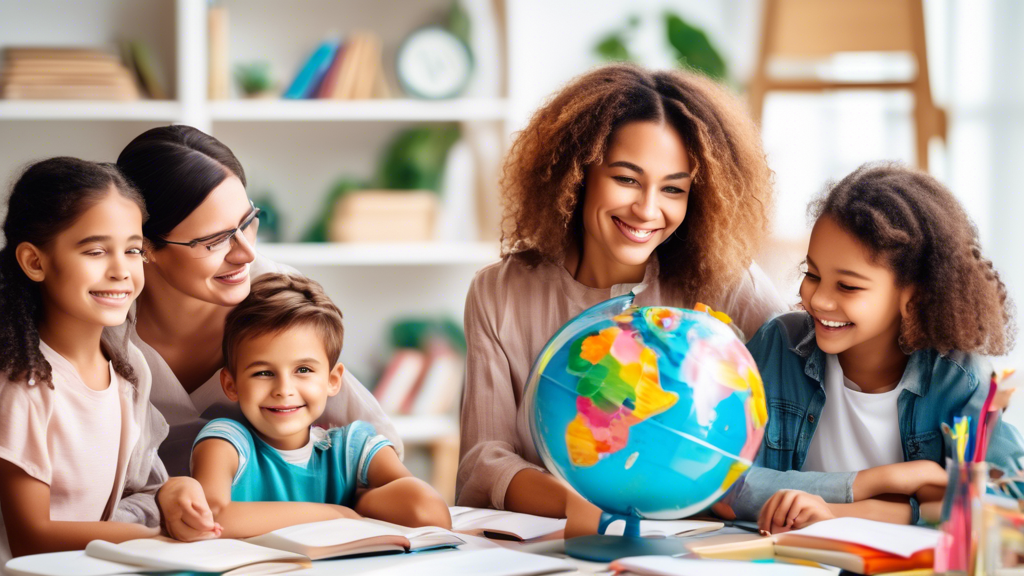 A family and teacher sitting together at a table, smiling, with books and a globe in front of them, symbolizing collaboration and partnership for children's education