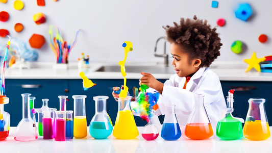 A child in a science lab coat, enthusiastically conducting an experiment with colorful liquids and beakers, surrounded by various STEM educational tools and materials.