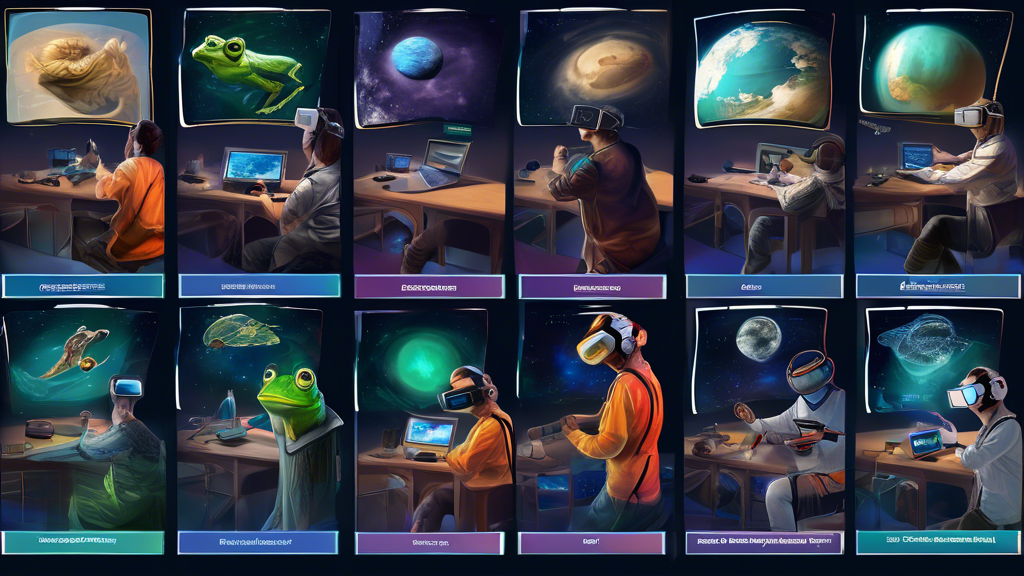 A series of seven digital paintings, each depicting an immersive learning experience using VR. There should be one image for each of the following topics:
1. Exploring ancient Egypt with VR
2. Dissect