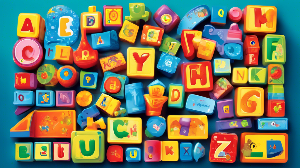 Create an image of a colorful and interactive toy set designed to help kids learn languages, featuring alphabet blocks, flashcards, puzzles, and a multilingual talking toy with various language settings. The image should be vibrant and engaging, show