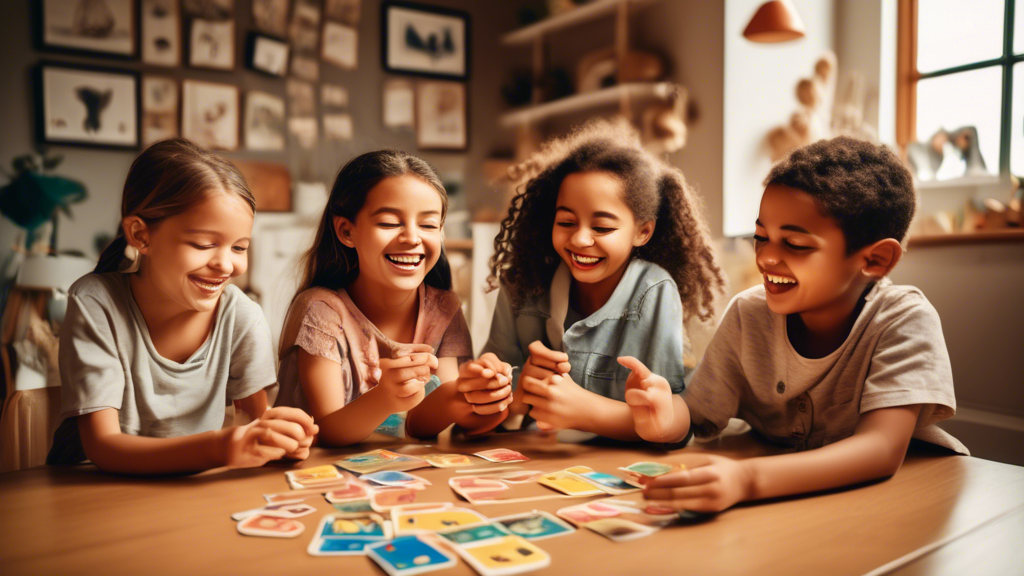 A group of children playing a memory-matching game, with the cards featuring images of familiar objects and concepts. The children are smiling and engaged, and the scene conveys a sense of fun and lea
