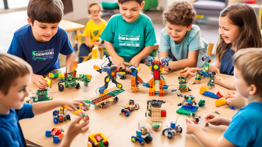 Create an image of a group of kids playing with various top STEM building sets, showcasing the excitement and engagement of learning through hands-on building activities. Include sets such as robotics kits, engineering construction sets, and coding p