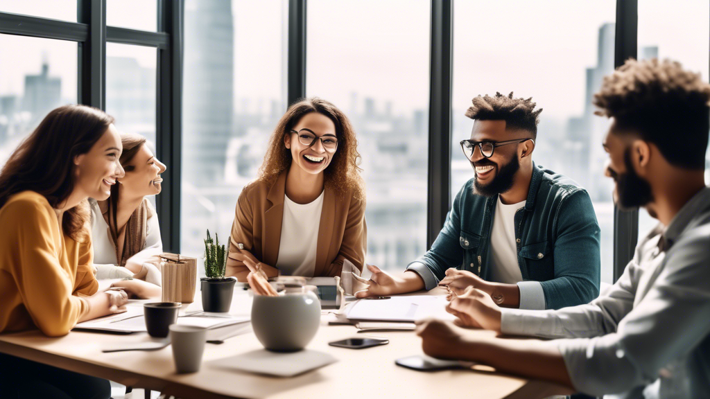 A group of people sitting around a table, brainstorming ideas and working together to solve a problem. The people are all smiling and appear to be engaged and excited about the challenge. The room is 