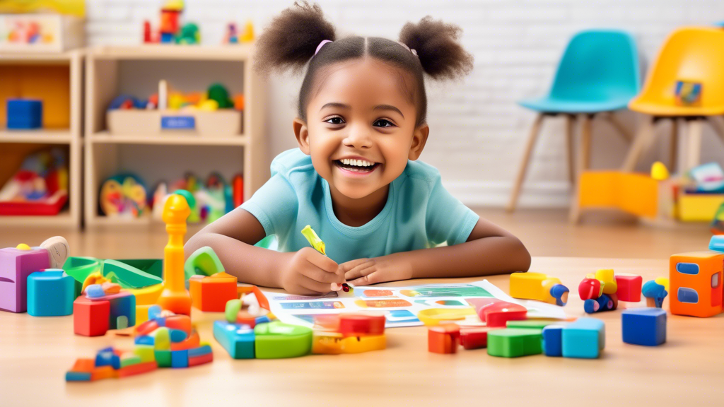 Create an image of a child immersed in language learning, surrounded by a variety of colorful and interactive educational toys that are designed to enhance language skills. The child is sitting at a desk with a stack of flashcards, a toy microphone f
