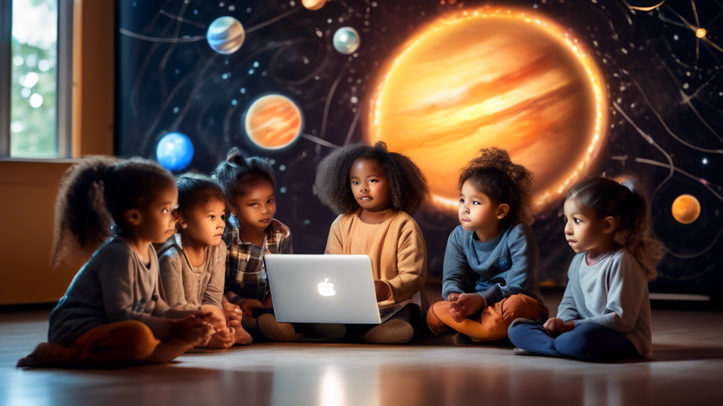 A group of young children sitting in a circle, watching a video on a laptop. The children are all engaged and focused on the video, and their faces are lit up with curiosity. The video is about the so