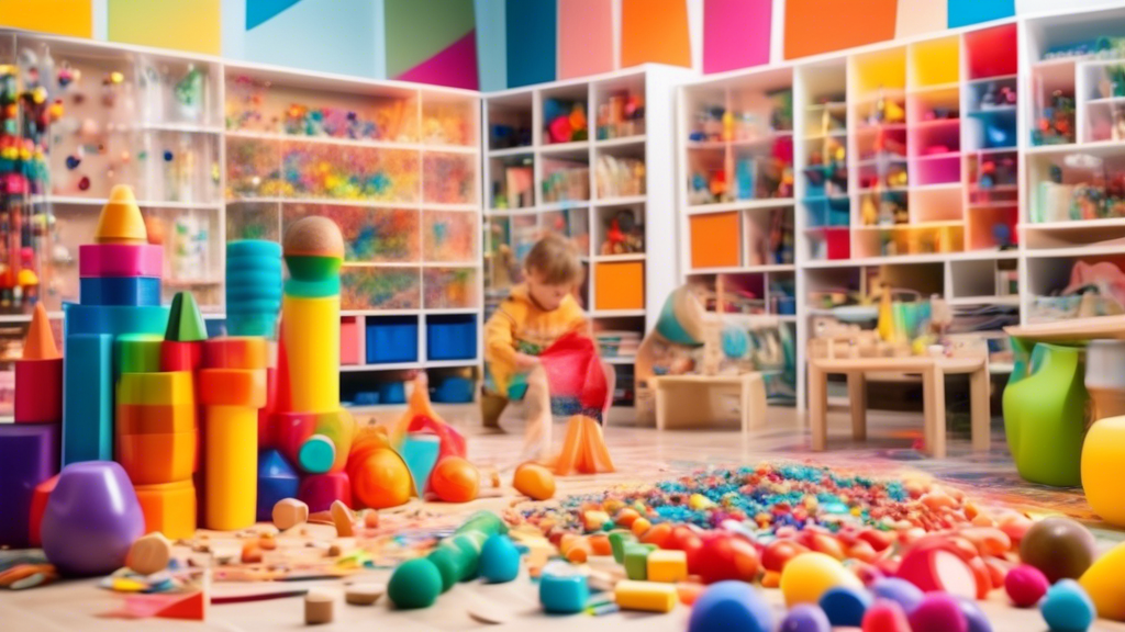 A kaleidoscope of vibrant and interactive sensory toys, art supplies, and building materials arranged in a stimulating play space, designed to foster cognitive, physical, and emotional development in 