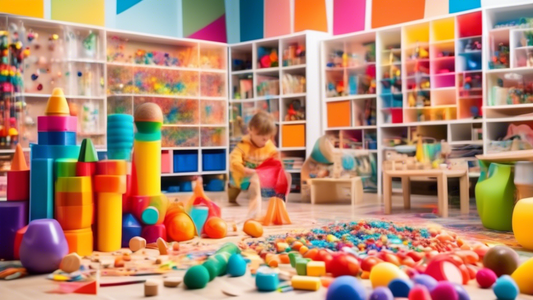 A kaleidoscope of vibrant and interactive sensory toys, art supplies, and building materials arranged in a stimulating play space, designed to foster cognitive, physical, and emotional development in 