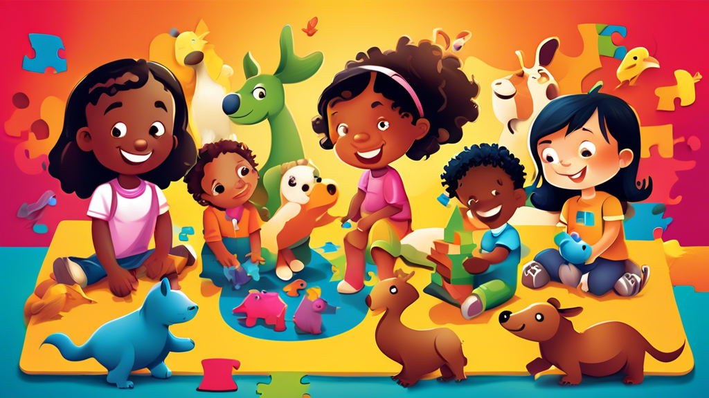Create an image of a diverse group of preschoolers gathered around a colorful and interactive puzzle, depicting various shapes and animals. The children are eagerly engaged and collaborating with each other, showcasing a fun and educational environme