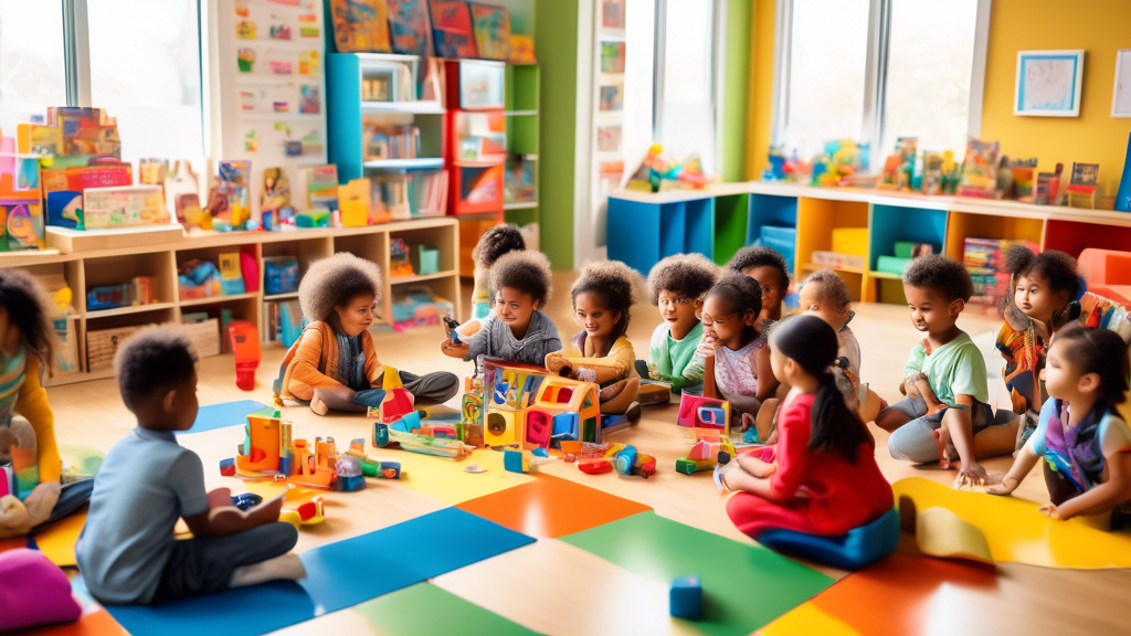 A vibrant and engaging classroom with a diverse group of preschoolers participating in various interactive and educational activities. The room is filled with colorful toys, games, books, and material