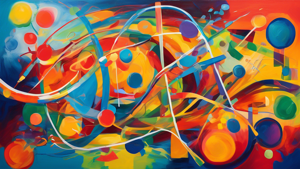 An abstract painting representing the balance between structured learning and free play in early childhood. The painting should depict vibrant colors, flowing lines, and geometric shapes, symbolizing 