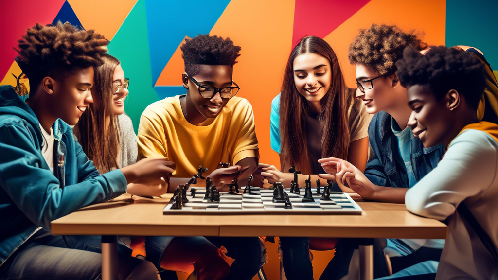 A group of teenagers engaging in various brain-stimulating activities, such as playing chess, reading, doing puzzles, and using technology for educational purposes, within a vibrant and modern setting