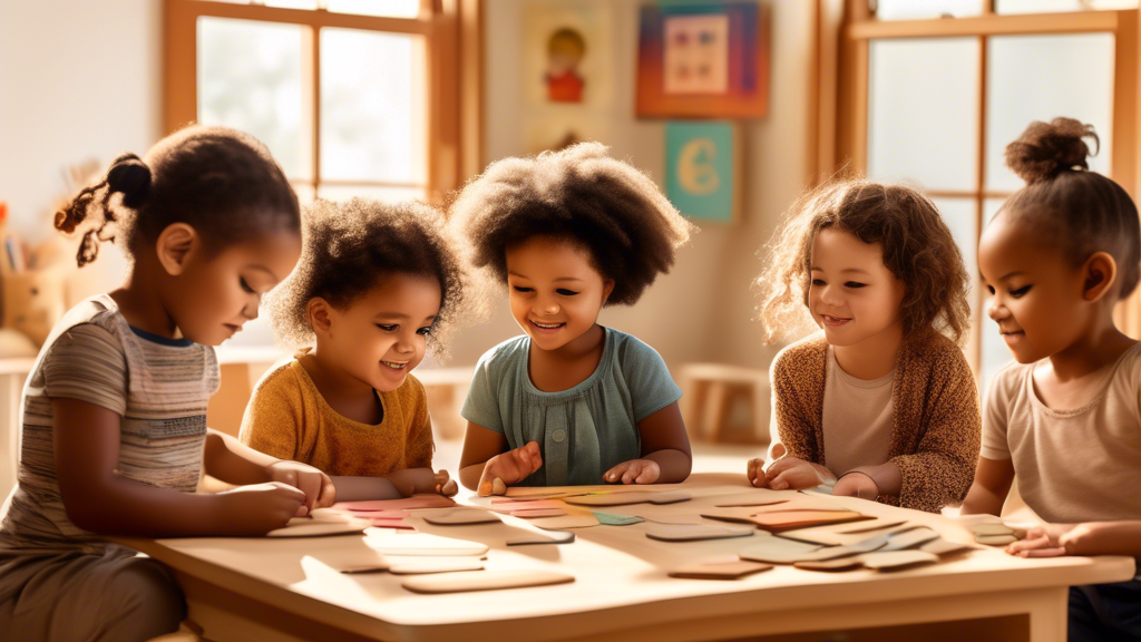 Create an image of a diverse group of preschoolers engaged in a Montessori language activity, surrounded by various Montessori language materials such as sandpaper letters, matching cards, and a variety of textured objects for tactile learning. The s