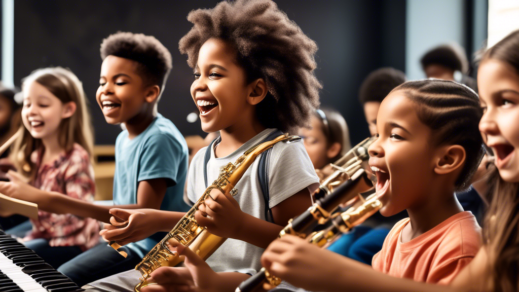 Generate an image of a diverse group of young students engaging in a music education class, filled with enthusiasm and concentration as they play instruments and learn about music theory. The image should capture the joy and focus of the students as 